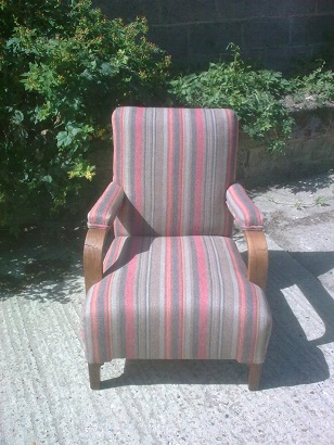 small wooden armchair, restored and recovered in a linwood stripe fabric. After