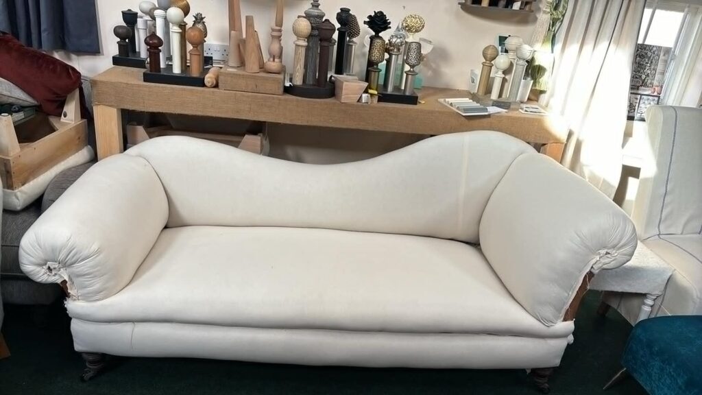 Victorian asymmetric back sofa. restored, ready to be covered in chosen fabric. Poa.